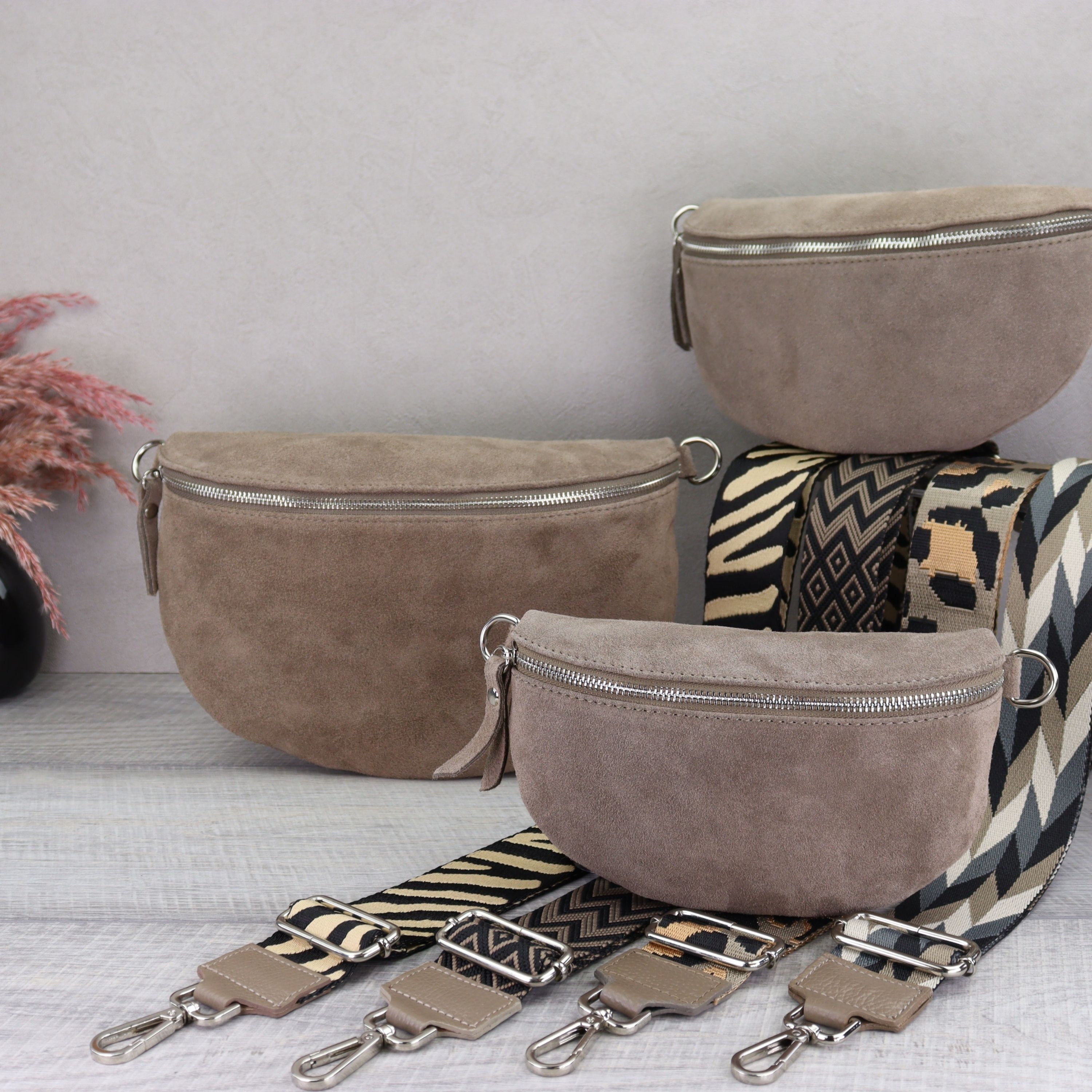 Suede Bag Taupe With Patterned Straps, Suede Leather Fanny Suede Bag Taupe With Patterned Straps, Suede Leather Fanny