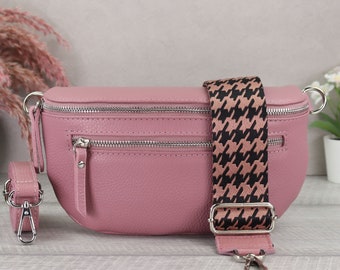 Violettrot Bauchtasche Leder Damen mit Gemustertem Riemen, Crossbody Bag mit extra Reißverschlusstaschen, Geschenk Freundin, Umhängetasche