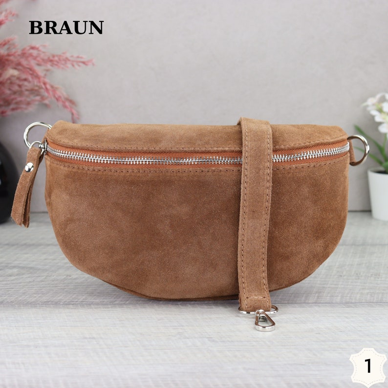 Sac en daim marron avec bretelles à motifs, sac banane en cuir suédé pour femme, sac crossbody en daim, sac à bandoulière en cuir image 3