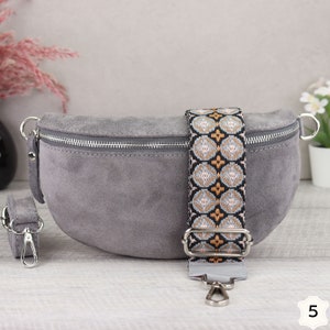 Suede Bag Grey with Patterned Straps, Suede Leather Fanny Pack for Women, Crossbody Bag Suede, Leather Shoulder Bag Grau-5