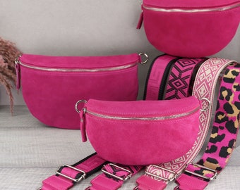 Sac en daim fuchsia avec bretelles à motifs, sac banane en cuir suédé pour femme, sac crossbody en daim, sac à bandoulière en cuir