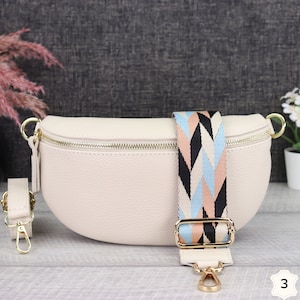 Bauchtasche Damen Creme Leder mit Gold Reißverschluss, Umhängetasche Leder Gold mit Gemustertem Riemen, Crossbody Tasche Gold Breiter Gurt Creme-3