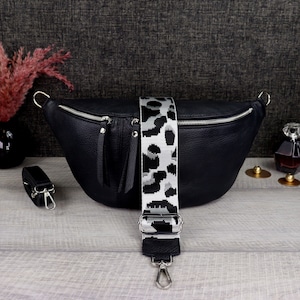 Crossbody Bag Damen Groß Breiter Gurt Leder Schwarz, Umhängetasche Damen mit Gemustertem Riemen, Bauchtasche Damen Leder Stylische Taschen
