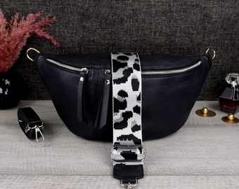 Crossbody Bag Women's Large Wide Strap Leather Black, Shoulder Bag Women's with Patterned Strap, Bum Bag Women's Leather Stylish Bags