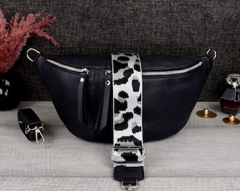 Crossbody Bag Damen Groß Breiter Gurt Leder Schwarz, Umhängetasche