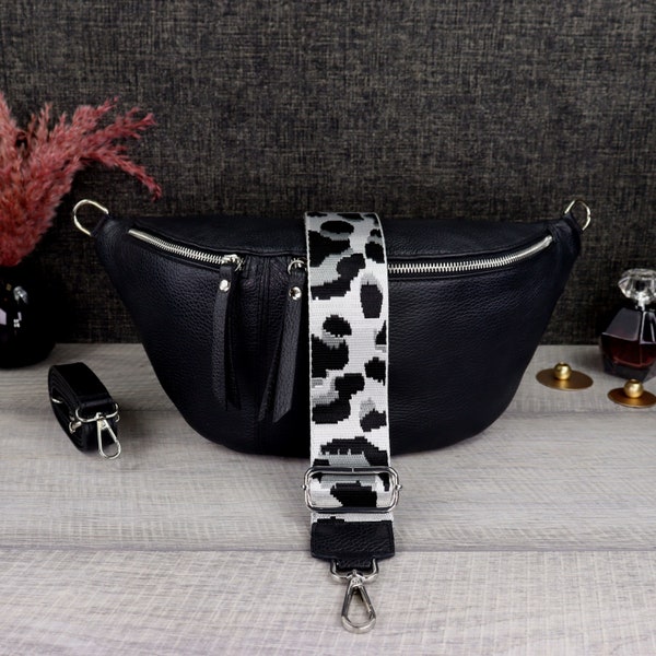 Crossbody Bag Women's Large Wide Strap Leather Black, Shoulder Bag Women's with Patterned Strap, Bum Bag Women's Leather Stylish Bags