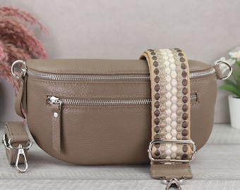 Crossbody bag leather taupe with extra zipper pockets, leather fanny pack for women patterned straps, crossbody bag, shoulder bag