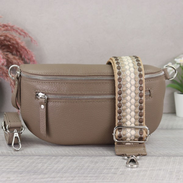 Sac crossbody en cuir taupe avec poches zippées supplémentaires, sac banane en cuir pour femmes à motifs, sac crossbody, sac à bandoulière