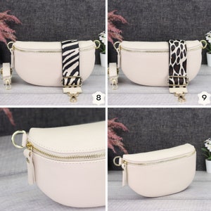 Bauchtasche Damen Creme Leder mit Gold Reißverschluss, Umhängetasche Leder Gold mit Gemustertem Riemen, Crossbody Tasche Gold Breiter Gurt Bild 10