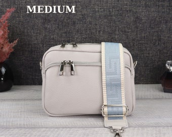 Bum bag women's leather light gray stylish modern medium bag, nappa leather genuine with wide strap, belt bag cross bag women