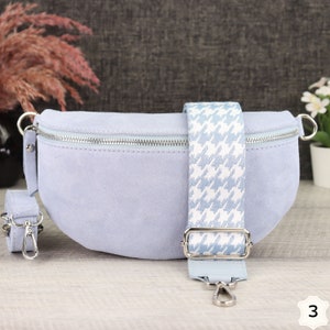 Suede Bag Light Blue with Patterned Straps, Suede Leather Fanny Pack for Women, Crossbody Bag Suede, Leather Shoulder Bag Hell Blau-3