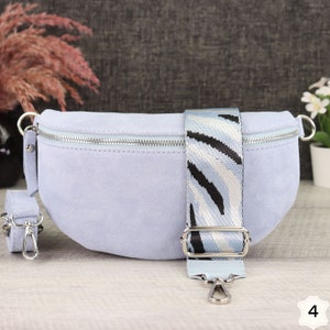 Suede Bag Light Blue with Patterned Straps, Suede Leather Fanny Pack for Women, Crossbody Bag Suede, Leather Shoulder Bag Hell Blau-4