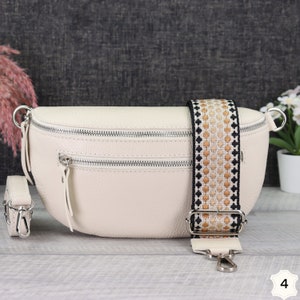 Crossbody Tasche Leder Creme mit Gemustertem Riemen, Umhängetasche Damen mit extra Reißverschlusstaschen, Geschenk Freundin, Schultertasche Creme-4