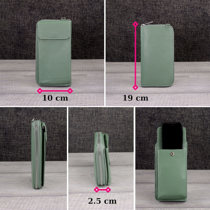 May include: A sage green leather wallet with a zipper closure. The wallet is 10 inches wide, 19 inches tall, and 2.5 inches thick.