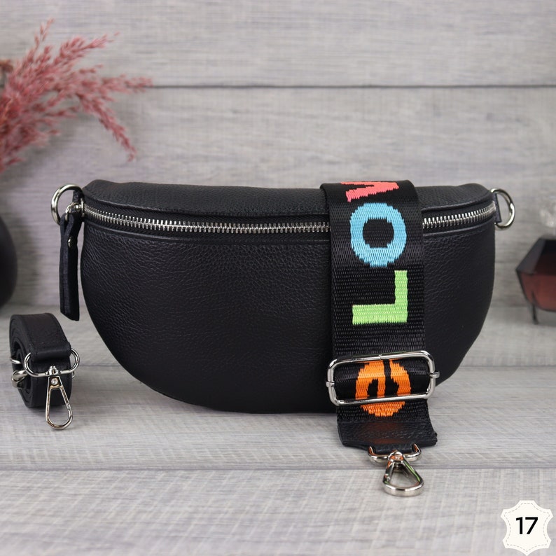 Bauchtasche Schwarz Leder Damen, Umhängetasche aus Echtleder, Geschenk zum Muttertag, Crossbody Tasche, Gürteltasche mit Gemustertem Riemen Schwarz-17