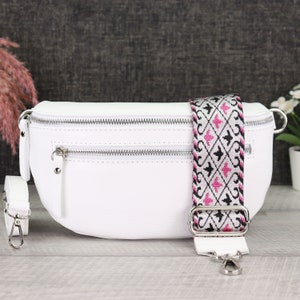 Weiß Bauchtasche Damen Leder mit extra Reißverschlusstaschen, Umhängetasche Damen Leder mit Gemusterte Riemen, Crossbody Tasche Leder Weiß