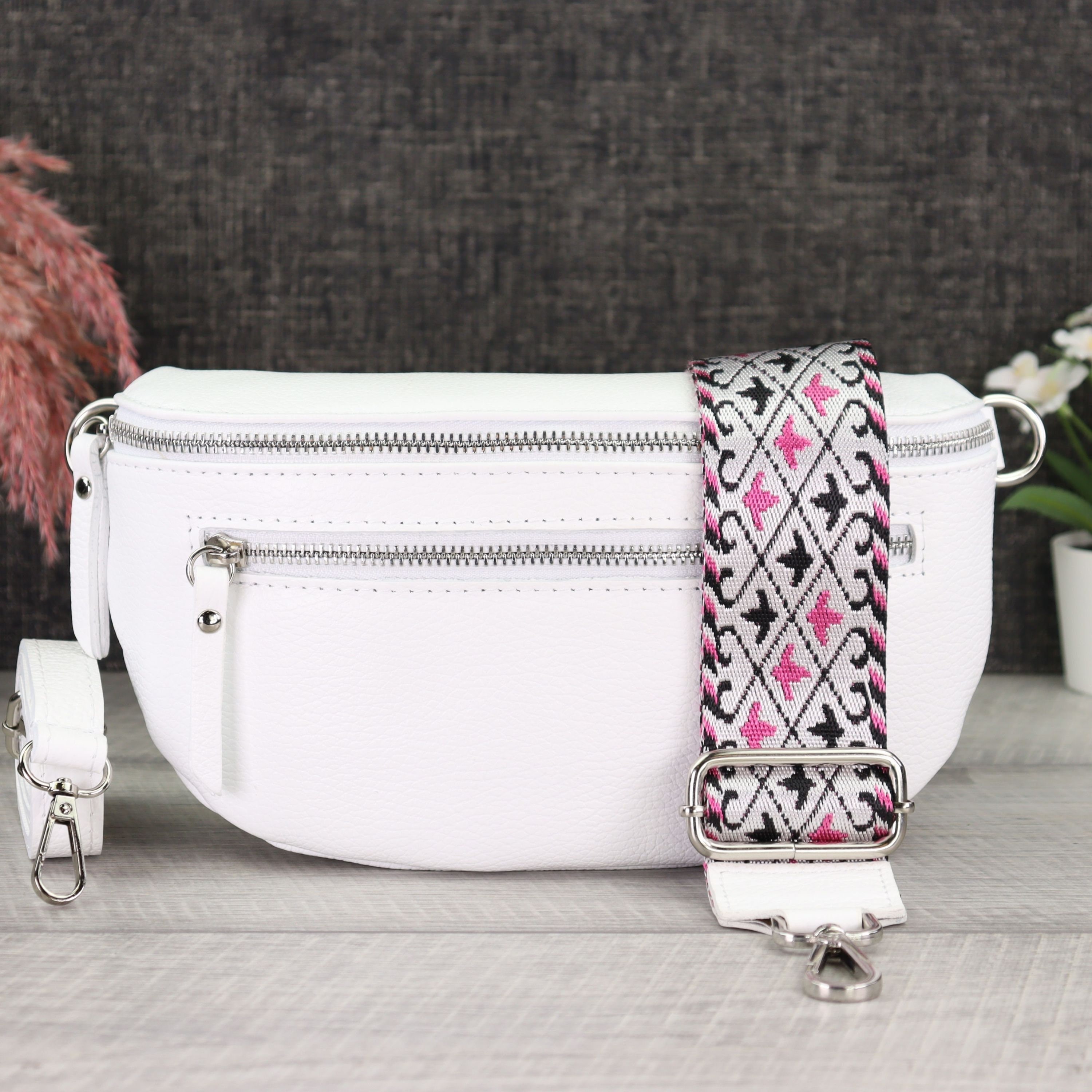 Weiß Bauchtasche Damen Leder mit extra Reißverschlusstaschen