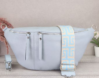 Bauchtasche Damen Große mit Breitem Gurt, Leder Umhängetasche Damen, Crossbody Bag Leder, Gürteltasche Damen Silber, Geschenk zum Muttertag