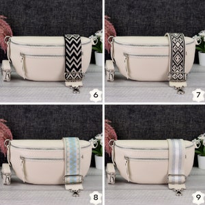 Crossbody Tasche Leder Creme mit Gemustertem Riemen, Umhängetasche Damen mit extra Reißverschlusstaschen, Geschenk Freundin, Schultertasche Bild 8