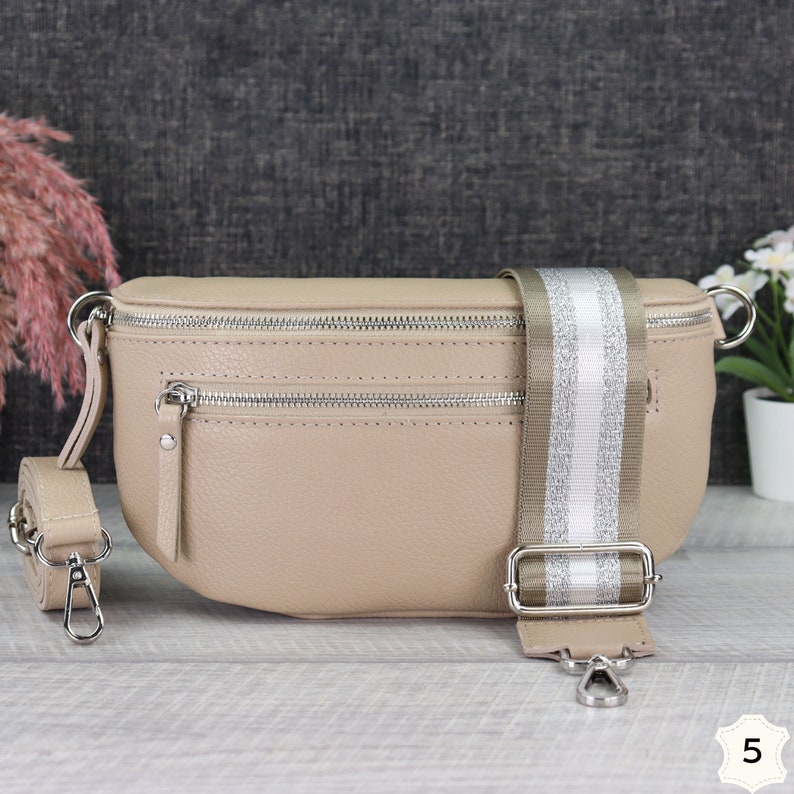 Beige leather women's bum bag with patterned strap, women's shoulder bag with extra zipper pockets, girlfriend gift, belt bag Beige-5