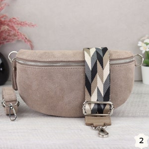Suede bag taupe with patterned straps, suede leather fanny pack for women, crossbody bag suede, leather shoulder bag Taupe-2