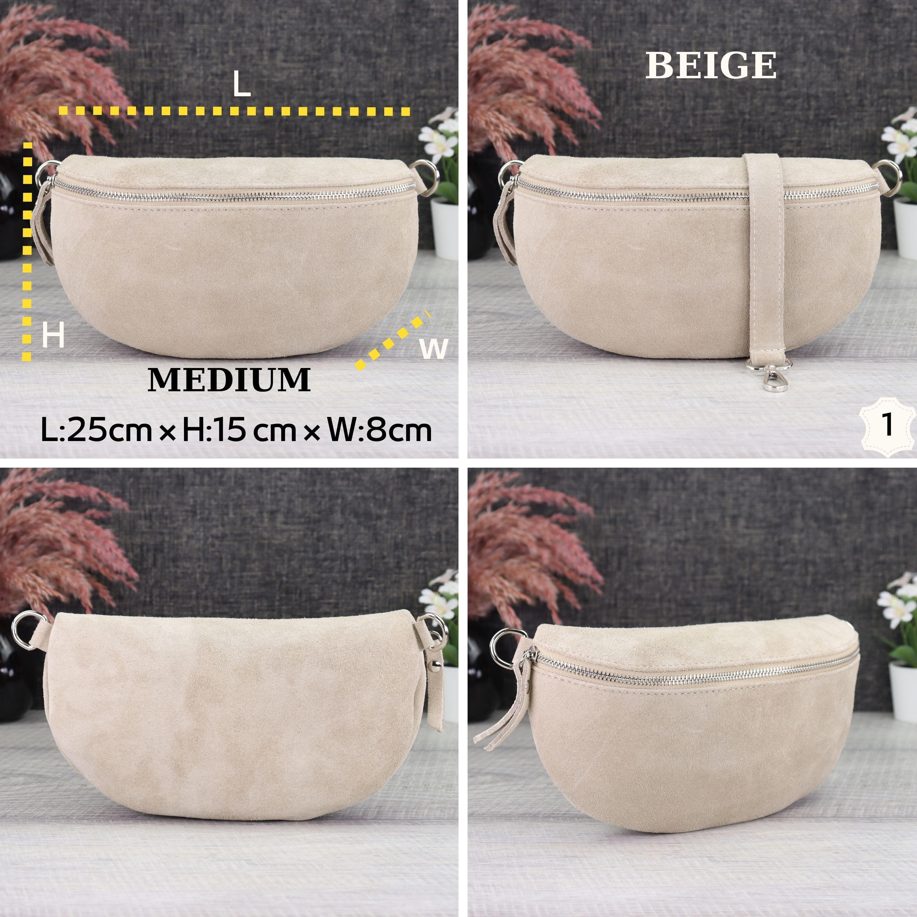 Suede Bag Beige With Patterned Straps, Suede Leather Fanny Suede Bag Beige With Patterned Straps, Suede Leather Fanny