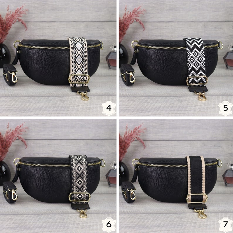 Schwarze Leder Bauchtasche für Frauen mit Goldener Reißverschluss, Leder Schultertasche mit Extra Gemusterten Riemen, Geschenk zum Muttertag Bild 7