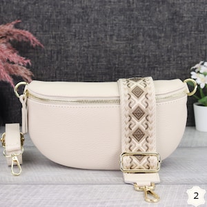 Bauchtasche Damen Creme Leder mit Gold Reißverschluss, Umhängetasche Leder Gold mit Gemustertem Riemen, Crossbody Tasche Gold Breiter Gurt Creme-2