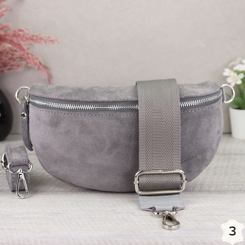 Suede Bag Grey with Patterned Straps, Suede Leather Fanny Pack for Women, Crossbody Bag Suede, Leather Shoulder Bag Grau-3