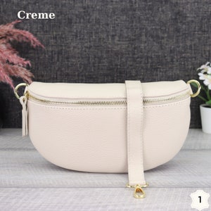 Bauchtasche Damen Creme Leder mit Gold Reißverschluss, Umhängetasche Leder Gold mit Gemustertem Riemen, Crossbody Tasche Gold Breiter Gurt Kein Zweiter Gurt-1