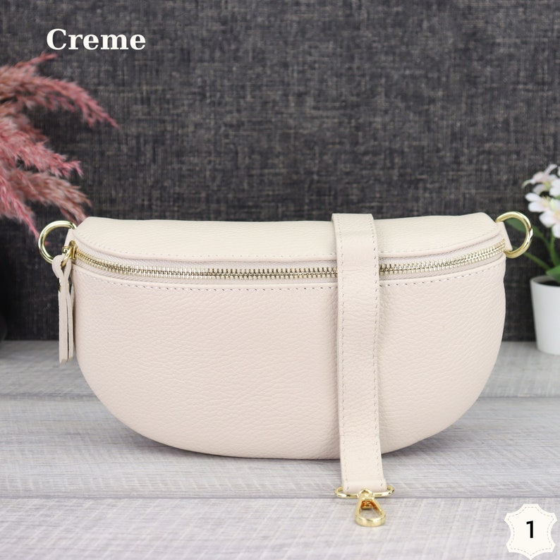 Bum bag women's cream leather with gold zipper, shoulder bag leather gold with patterned strap, crossbody bag gold wide strap Kein Zweiter Gurt-1