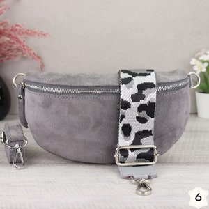 Suede Bag Grey with Patterned Straps, Suede Leather Fanny Pack for Women, Crossbody Bag Suede, Leather Shoulder Bag Grau-6