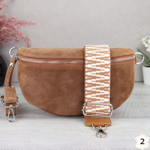 Wildledertasche Braun mit Gemusterten Riemen, Wildleder Leder Bauchtasche für Frauen, Crossbody Tasche Wildleder, Leder Schultertasche Braun-2