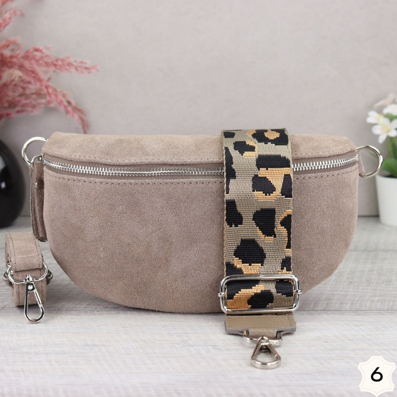 Suede bag taupe with patterned straps, suede leather fanny pack for women, crossbody bag suede, leather shoulder bag Taupe-6