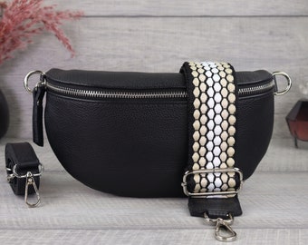 Sac banane femme en cuir noir, sac à bandoulière en cuir véritable, cadeau pour la fête des mères, sac crossbody, sac ceinture avec sangle à motifs