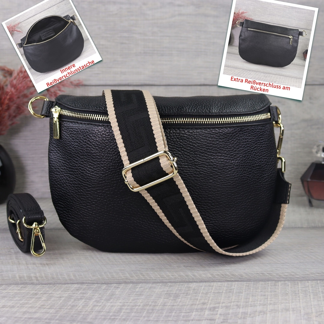 Bum Bag Women Black Gold Zipper Wide Strap, Leather  display picture 3