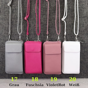 May include: Four different colored leather phone cases with a zipper closure and a long strap. The cases are gray, fuchsia, pink, and white. The numbers 17, 18, 19, and 20 are printed below the cases, with the corresponding color names printed below the numbers.