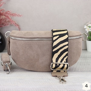 Suede bag taupe with patterned straps, suede leather fanny pack for women, crossbody bag suede, leather shoulder bag Taupe-4