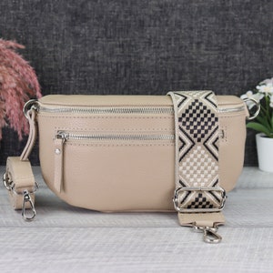 Beige leather women's bum bag with patterned strap, women's shoulder bag with extra zipper pockets, girlfriend gift, belt bag image 1