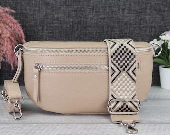 Beige leather women's bum bag with patterned strap, women's shoulder bag with extra zipper pockets, girlfriend gift, belt bag