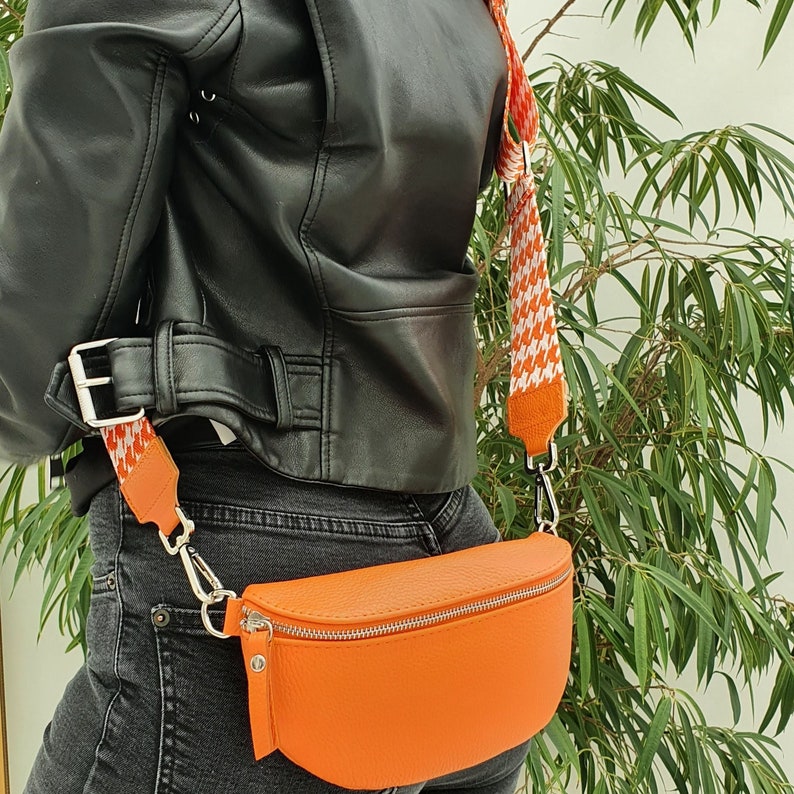 Hip bag women's leather orange with wide strap, leather bum bag for women, stylish shoulder bag made of leather for women, gift for her image 9