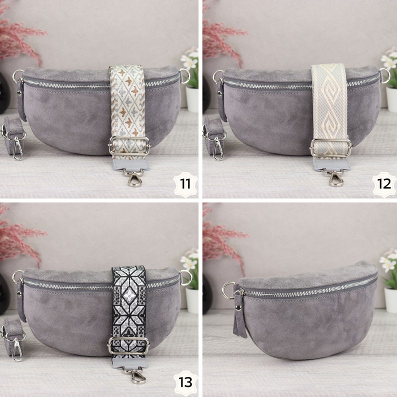 Suede Bag Grey with Patterned Straps, Suede Leather Fanny Pack for Women, Crossbody Bag Suede, Leather Shoulder Bag image 10