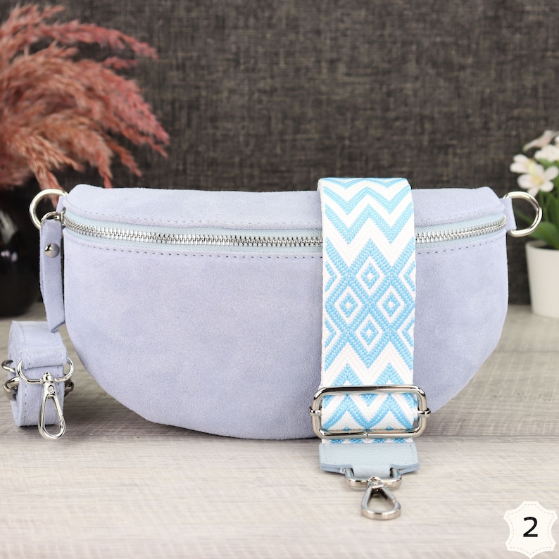 Suede Bag Light Blue with Patterned Straps, Suede Leather Fanny Pack for Women, Crossbody Bag Suede, Leather Shoulder Bag Hell Blau-2
