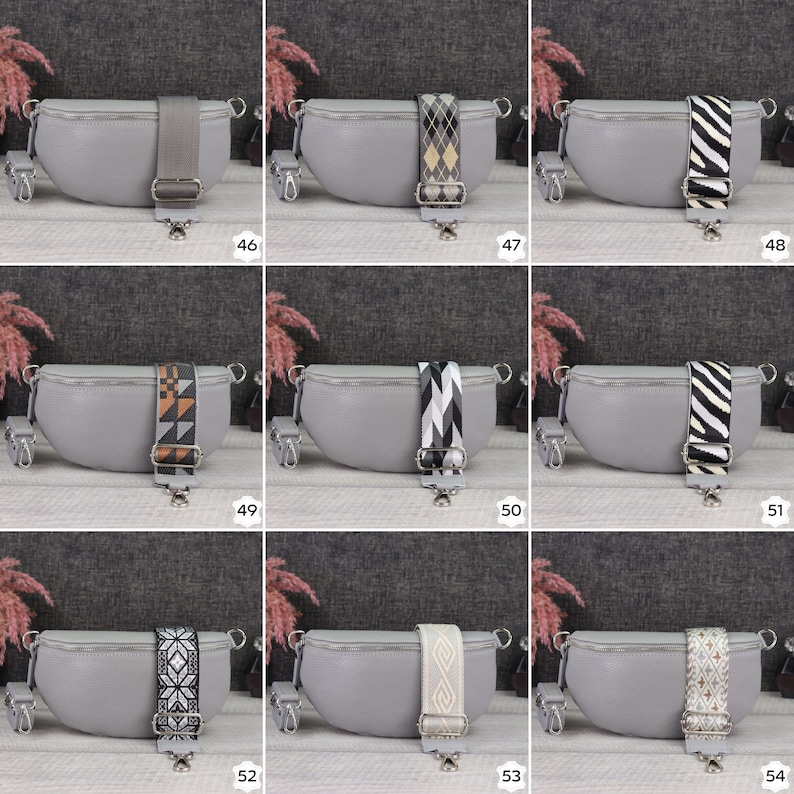 May include: Nine gray crossbody bags with different patterned straps. The straps are black and white, black and gray, brown and white, and other patterns. The bags are all the same shape and size.