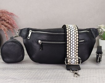 Black Leather Bum Bag for Women With Extra Wallet Crossbody Bag With Strap Leather Shoulder Bag Christmas Gift for Ladies Etsy