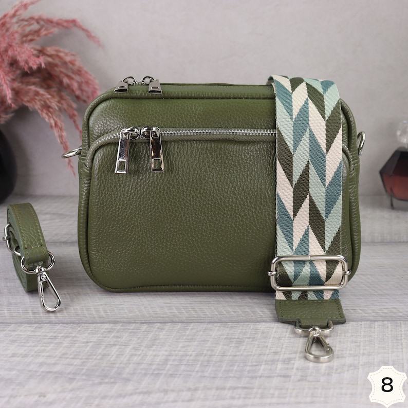 Khaki Leather Crossbody Bag with Wide Strap, Leather Shoulder Bag, Bum Bag and Patterned Belt, Belt Bag for Women, Everyday Bag Khaki-8