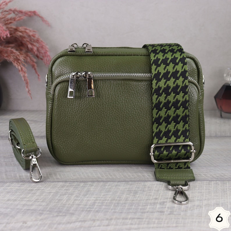 Khaki Leather Crossbody Bag with Wide Strap, Leather Shoulder Bag, Bum Bag and Patterned Belt, Belt Bag for Women, Everyday Bag Khaki-6