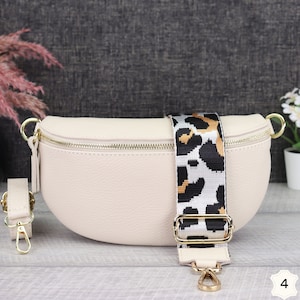 Bauchtasche Damen Creme Leder mit Gold Reißverschluss, Umhängetasche Leder Gold mit Gemustertem Riemen, Crossbody Tasche Gold Breiter Gurt Creme-4