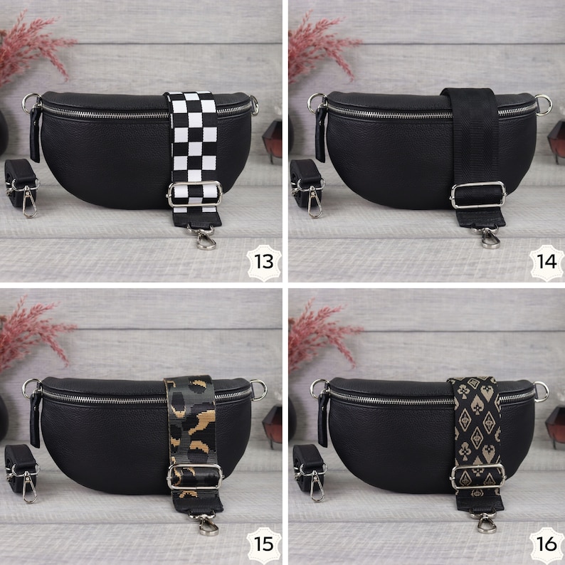 Bauchtasche Schwarz Leder Damen, Umhängetasche aus Echtleder, Geschenk zum Muttertag, Crossbody Tasche, Gürteltasche mit Gemustertem Riemen Bild 7