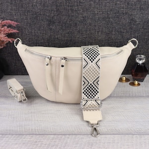 Große Bauchtasche Damen Leder mit Silbernem Reißverschluss, Crossbody Bag Damen Leder Breiter Gurt, Umhängetasche, Geschenk zum Valentinstag